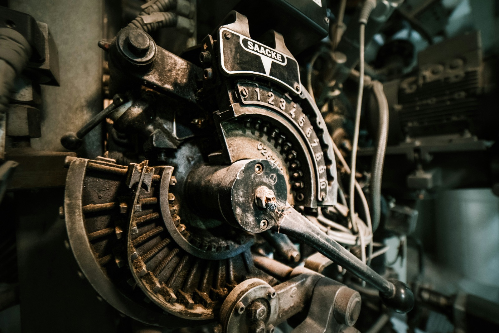 Industrial machinery with built-up dirt and grease