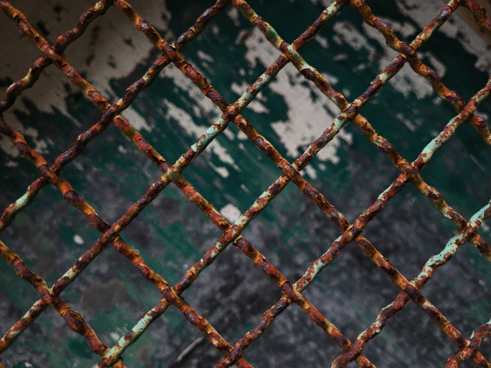 Corroded steel mesh over flaking paint